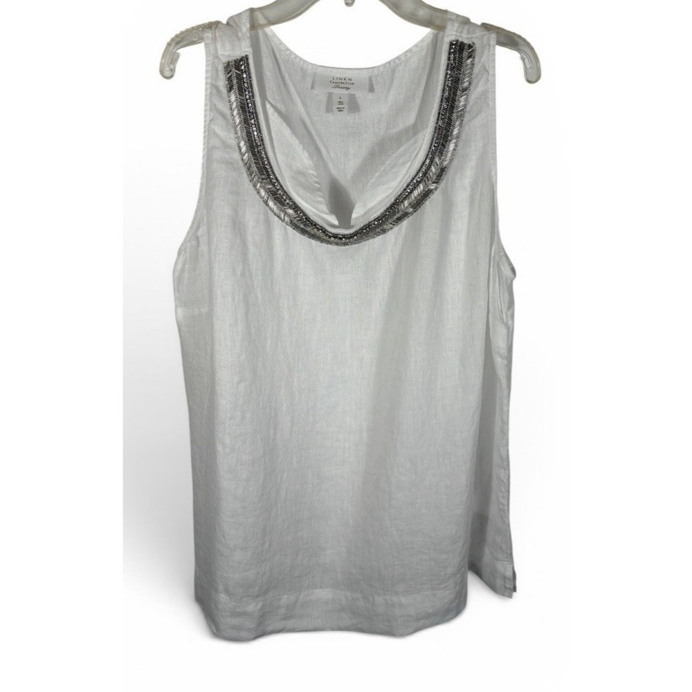 Charter Club Women's 100% Linen Luxury Top Beaded Neckline Sz Large White -1768